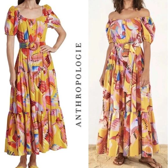 FARM RIO Neon Macaws Puff Sleeve Maxi Dress M Yellow Parrot Print Cotton Belted - Picture 4 of 12